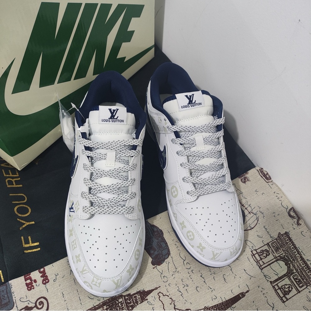 Louis Vuitton x Nike Dunk Low White & Navy Sneakers